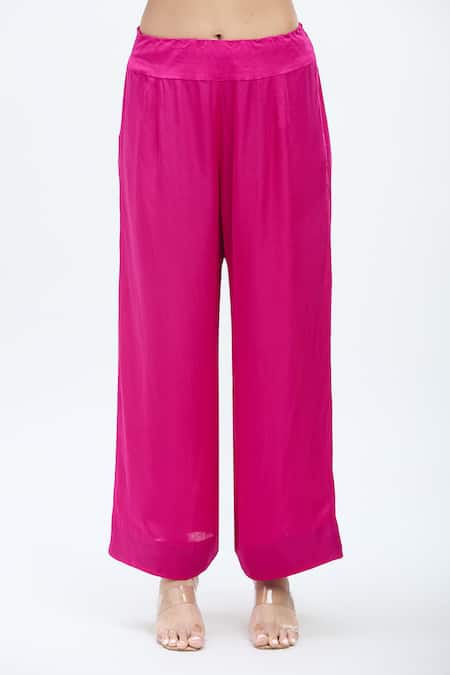 Buy_Minaxi Dadoo_Pink Silk, Organza Embroidery Split V-neck Applique Straight Kurta Set _Online_at_Aza_Fashions