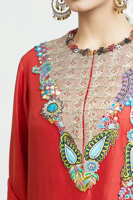 Minaxi Dadoo_Orange Silk, Organza Embroidery, Sequins Collared Straight Kurta Palazzo Set _at_Aza_Fashions