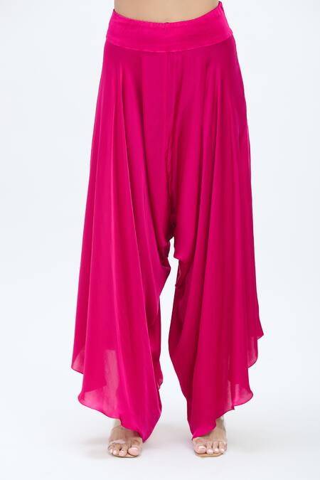 Shop_Minaxi Dadoo_Pink Silk, Organza Embroidery Split V-neck Short Kurta Draped Pant Set _Online_at_Aza_Fashions