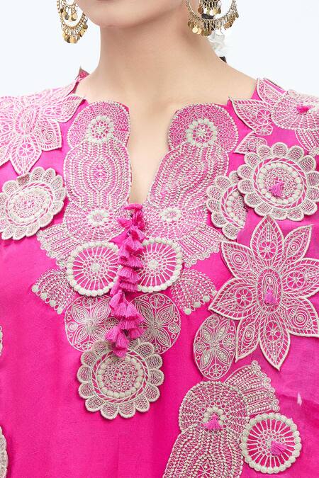 Minaxi Dadoo_Pink Silk, Organza Embroidery Split V-neck Short Kurta Draped Pant Set _at_Aza_Fashions