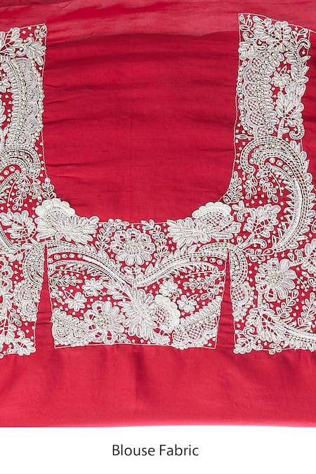 Minaxi Dadoo_Red Silk Embroidery Chikankari Saree With Unstitched Blouse Piece_at_Aza_Fashions