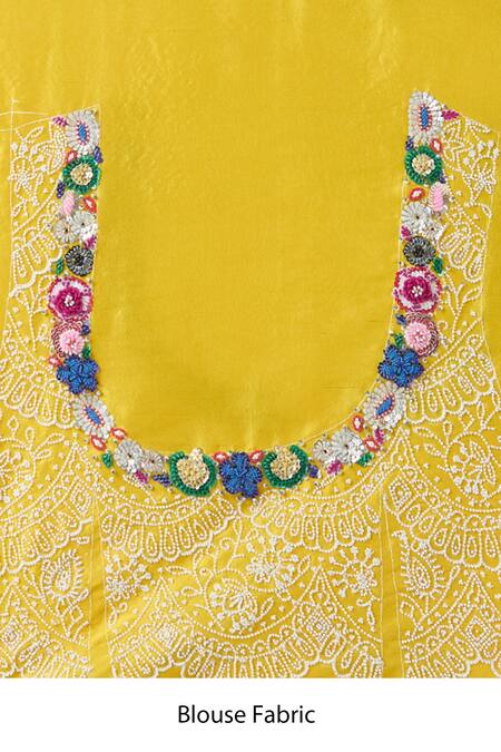 Minaxi Dadoo_Yellow Organza Pearls, Scalloped Work Saree With Unstitched Blouse Piece_at_Aza_Fashions