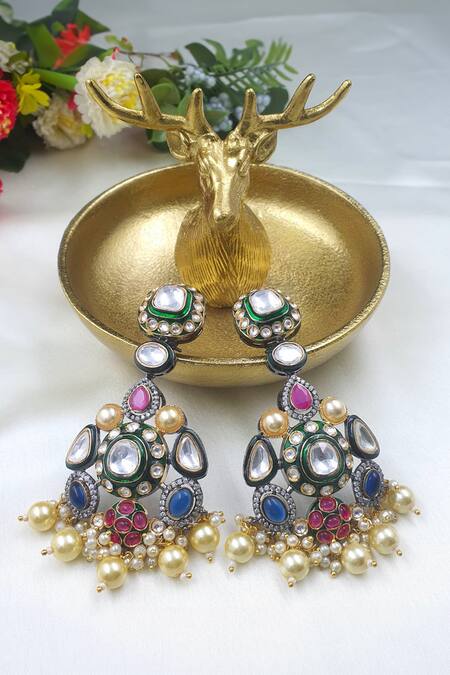 Queens Jewels_Multi Color Crystals, Stones Victorian Style Navratan Polki Embellished Earrings _Online_at_Aza_Fashions