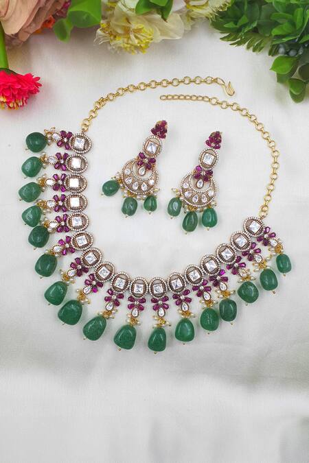 Queens Jewels_Multi Color Stones, Zari Victorian Style Kundan Embellished Necklace Set _Online_at_Aza_Fashions