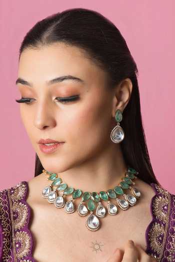 Queens Jewels Multi Color Diamonds, Emerald Victorian Style Kundan Embellished Necklace Set Online at Aza Fashions Queens Jewels_Multi Color Diamonds, Emerald Victorian Style Kundan Embellished Necklace Set _Online_at_Aza_Fashions