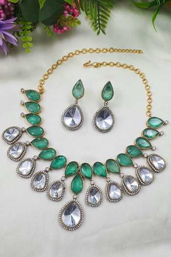 Buy Queens Jewels Multi Color Diamonds, Emerald Victorian Style Kundan Embellished Necklace Set Online at Aza Fashions Buy_Queens Jewels_Multi Color Diamonds, Emerald Victorian Style Kundan Embellished Necklace Set _Online_at_Aza_Fashions