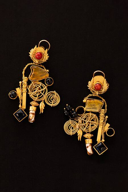 AK-OK_Multi Color Stones, Crystals Tribal Treasure Embellished Earrings _Online_at_Aza_Fashions