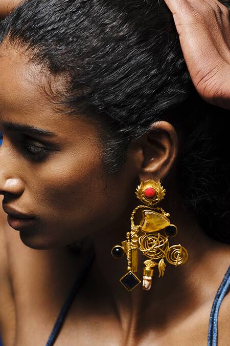 Buy_AK-OK_Multi Color Stones, Crystals Tribal Treasure Embellished Earrings _Online_at_Aza_Fashions