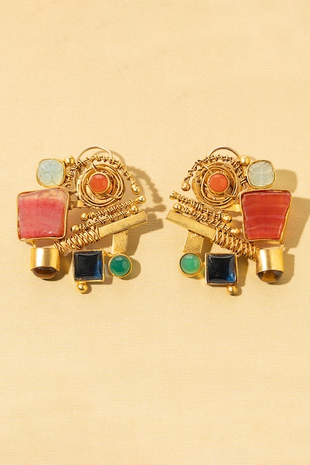 Shop_AK-OK_Multi Color Beads, Stones Tribal Treasure Agate Embellished Earrings _at_Aza_Fashions