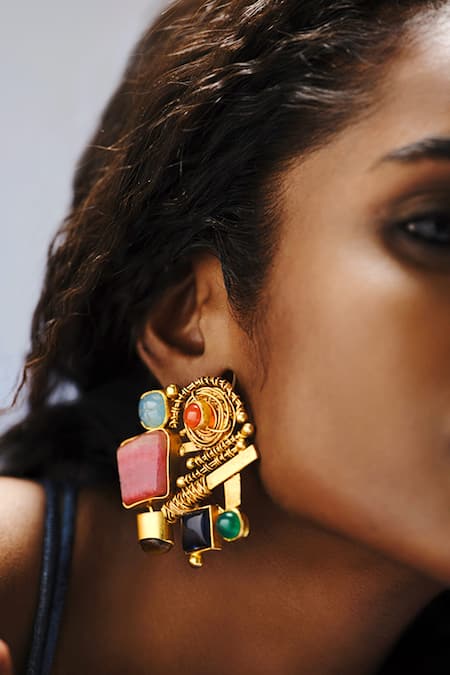 AK-OK_Multi Color Beads, Stones Tribal Treasure Agate Embellished Earrings _Online_at_Aza_Fashions