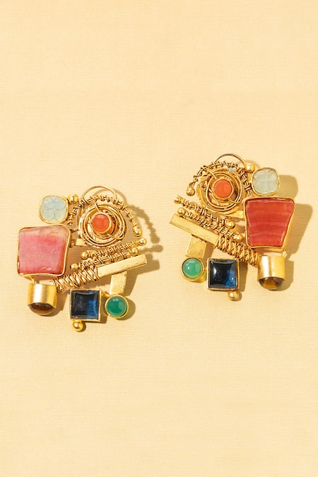 Buy_AK-OK_Multi Color Beads, Stones Tribal Treasure Agate Embellished Earrings _Online_at_Aza_Fashions