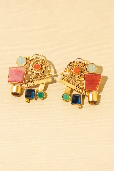 AK-OK_Multi Color Beads, Stones Tribal Treasure Agate Embellished Earrings _at_Aza_Fashions