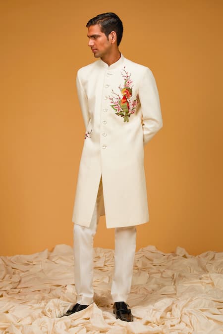 Rohit Bal White Matka Silk Embroidery Resham Thread Sherwani 