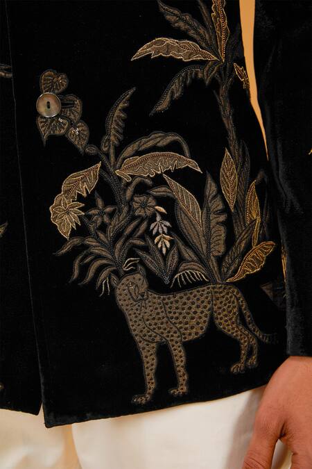 Rohit Bal_Black Velvet, Silk Embroidery Jungle Bandhgala _Online_at_Aza_Fashions