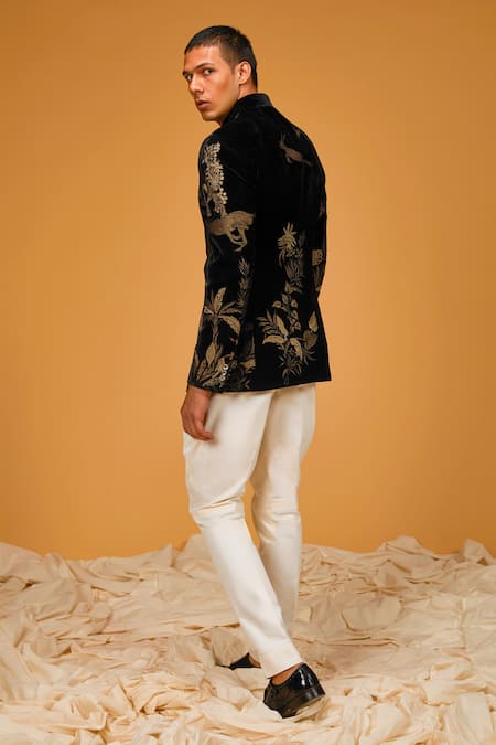Buy_Rohit Bal_Black Velvet, Silk Embroidery Jungle Bandhgala _Online_at_Aza_Fashions