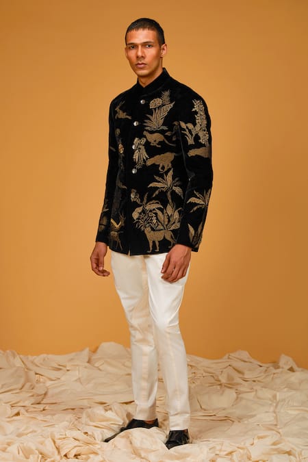 Shop_Rohit Bal_Black Velvet, Silk Embroidery Jungle Bandhgala _Online_at_Aza_Fashions
