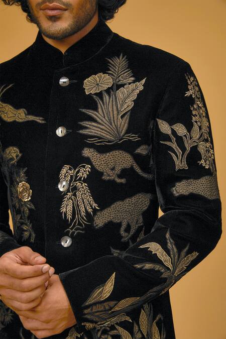 Rohit Bal_Black Velvet, Silk Embroidery Jungle Bandhgala _at_Aza_Fashions