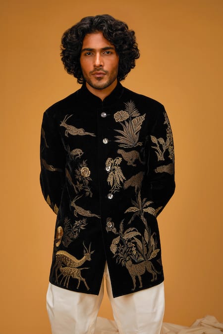 Buy_Rohit Bal_Black Velvet, Silk Embroidery Jungle Bandhgala 