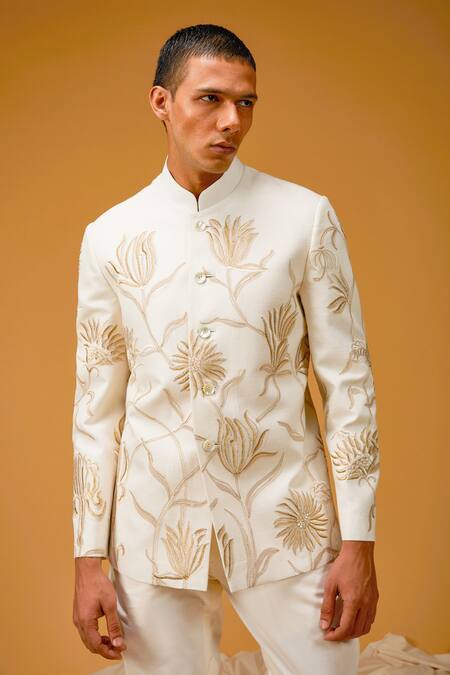 Rohit Bal Ivory Maheshwari, Silk Embroidery Floral Bandhgala Online at Aza Fashions Rohit Bal_Ivory Maheshwari, Silk Embroidery Floral Bandhgala _Online_at_Aza_Fashions