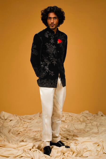 Rohit Bal Black Velvet, Silk Sequins, Beads Jungle Embroidered Bandhgala Online at Aza Fashions Rohit Bal_Black Velvet, Silk Sequins, Beads Jungle Embroidered Bandhgala _Online_at_Aza_Fashions