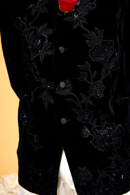 Buy Rohit Bal Black Velvet, Silk Sequins, Beads Jungle Embroidered Bandhgala Online at Aza Fashions Buy_Rohit Bal_Black Velvet, Silk Sequins, Beads Jungle Embroidered Bandhgala _Online_at_Aza_Fashions