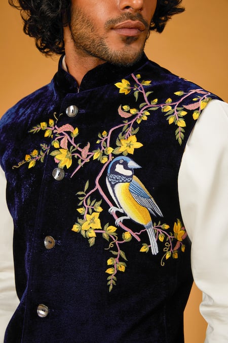 Rohit Bal_Black Velvet Embroidery Resham Thread Bird Bundi _Online_at_Aza_Fashions