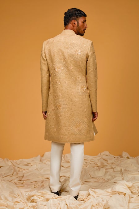 Shop_Rohit Bal_Gold Silk Embroidery Resham Thread Sherwani _at_Aza_Fashions