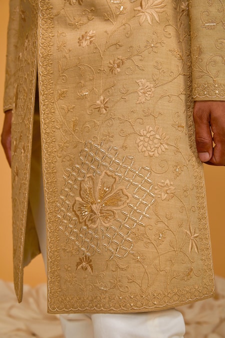 Rohit Bal_Gold Silk Embroidery Resham Thread Sherwani _Online_at_Aza_Fashions