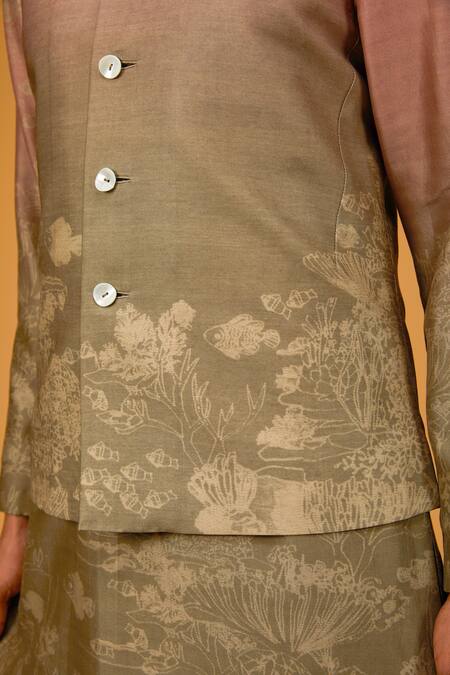 Rohit Bal_Pink Chanderi Silk, Cotton, Linen Embroidery Floral Printed Bundi And Kurta Set _Online_at_Aza_Fashions