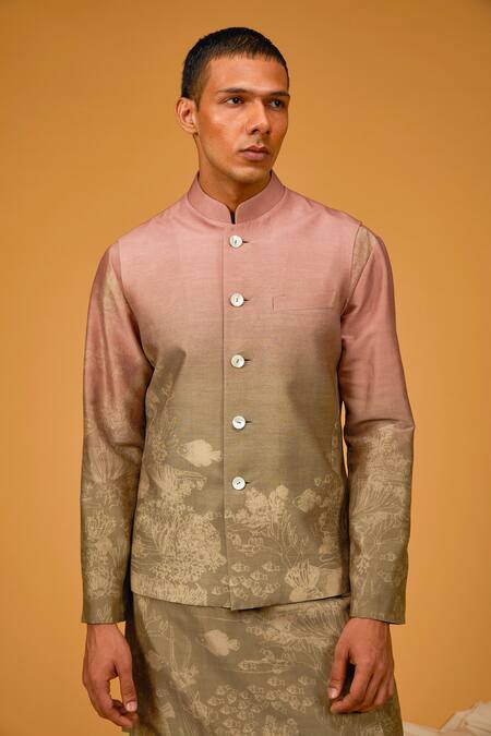 Buy_Rohit Bal_Pink Chanderi Silk, Cotton, Linen Embroidery Floral Printed Bundi And Kurta Set _Online_at_Aza_Fashions