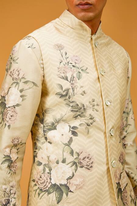 Rohit Bal_Ivory Chanderi Silk, Linen Embroidery Floral Print Bundi And Kurta Set _Online_at_Aza_Fashions