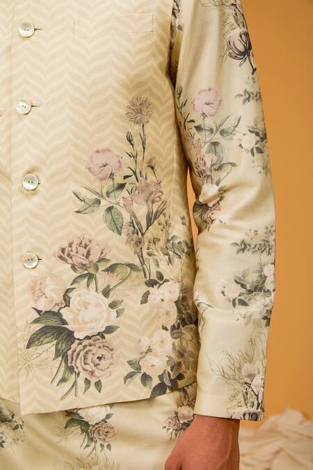 Buy_Rohit Bal_Ivory Chanderi Silk, Linen Embroidery Floral Print Bundi And Kurta Set _Online_at_Aza_Fashions
