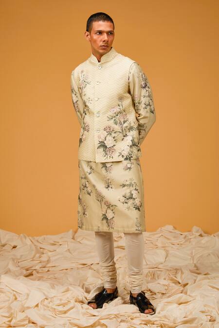 Shop_Rohit Bal_Ivory Chanderi Silk, Linen Embroidery Floral Print Bundi And Kurta Set _Online_at_Aza_Fashions