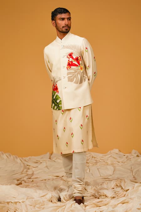 Rohit Bal Ivory Chanderi Silk Printed Tropical Bundi And Kurta Set 