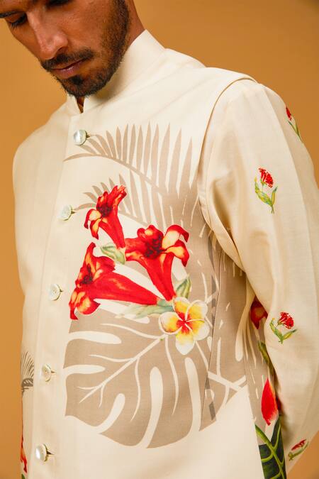 Rohit Bal_Ivory Chanderi Silk, Linen Embroidery Tropical Print Bundi And Kurta Set _Online_at_Aza_Fashions