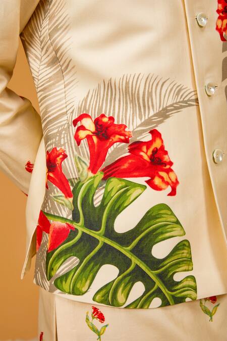 Buy_Rohit Bal_Ivory Chanderi Silk, Linen Embroidery Tropical Print Bundi And Kurta Set _Online_at_Aza_Fashions