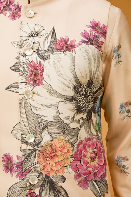 Rohit Bal_Ivory Chanderi Silk, Cotton Embroidery Florette Printed Bundi And Kurta Set _Online_at_Aza_Fashions