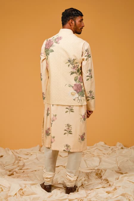 Rohit Bal Ivory Floral Printed Bundi & Kurta Set 