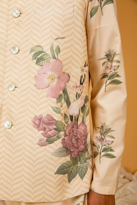 Buy_Rohit Bal_Ivory Chanderi Silk, Linen Embroidery Floral Printed Bundi And Kurta Set _Online_at_Aza_Fashions