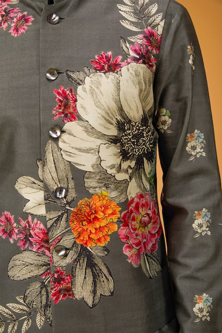 Rohit Bal_Gray Silk, Linen, Floral Garden Printed Bundi And Kurta Set _Online_at_Aza_Fashions