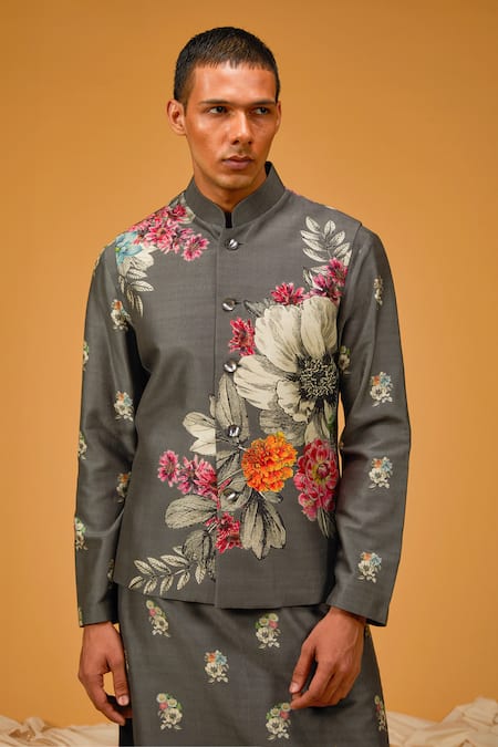 Buy_Rohit Bal_Gray Silk, Linen, Floral Garden Printed Bundi And Kurta Set _Online_at_Aza_Fashions