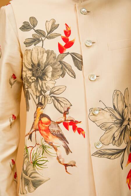 Buy_Rohit Bal_Ivory Chanderi Silk, Linen Embroidery Floral Bird Print Bundi Kurta Set _Online_at_Aza_Fashions