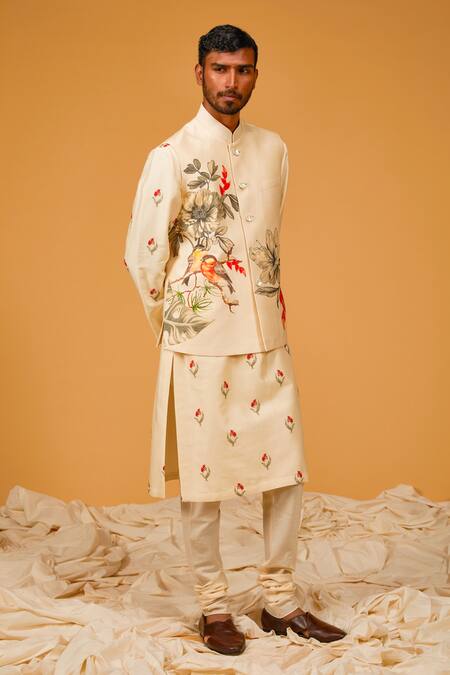 Shop_Rohit Bal_Ivory Chanderi Silk, Linen Embroidery Floral Bird Print Bundi Kurta Set _Online_at_Aza_Fashions