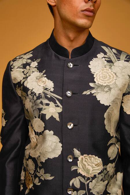 Rohit Bal_Black Chanderi , Embroidery Printed Bandhgala _Online_at_Aza_Fashions