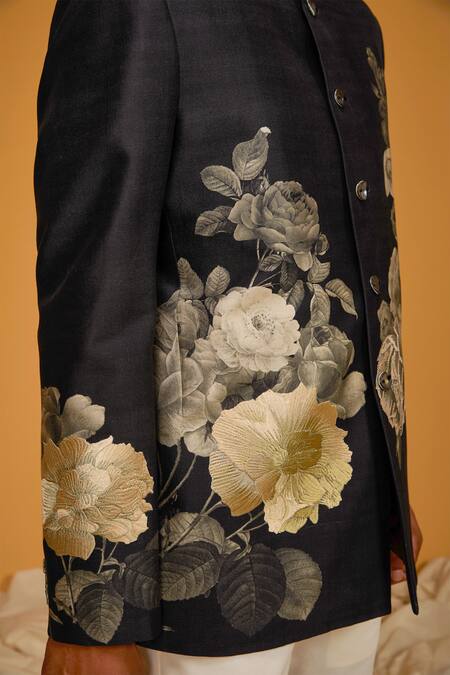Rohit Bal_Black Chanderi , Embroidery Bouquet Print Bandhgala _Online_at_Aza_Fashions
