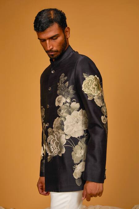 Buy_Rohit Bal_Black Chanderi , Embroidery Bouquet Print Bandhgala _Online_at_Aza_Fashions