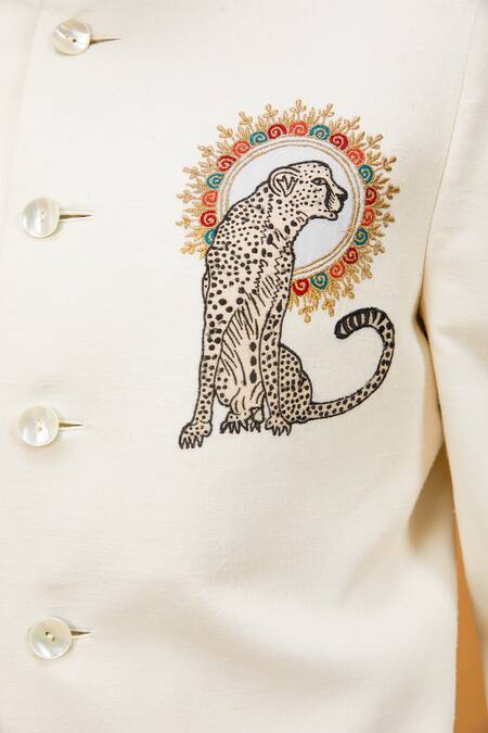 Rohit Bal_White Maheshwari, Silk Embroidery Cheetah Placement Bandhgala _Online_at_Aza_Fashions