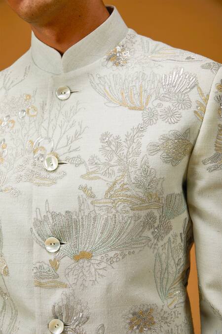 Rohit Bal_Blue Maheshwari, Silk Sequins, Embroidery Seaworld Bandhgala _Online_at_Aza_Fashions