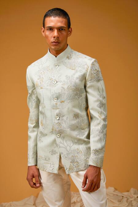 Buy_Rohit Bal_Blue Maheshwari, Silk Sequins, Embroidery Seaworld Bandhgala _Online_at_Aza_Fashions