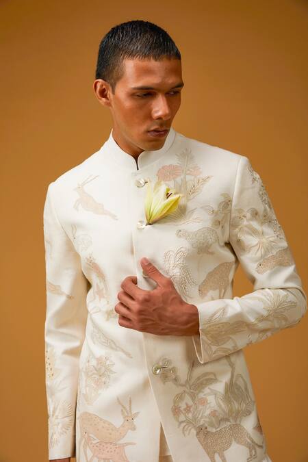 Rohit Bal Ivory Silk Embroidery Jungle Bandhgala Online at Aza Fashions Rohit Bal_Ivory Silk Embroidery Jungle Bandhgala _Online_at_Aza_Fashions